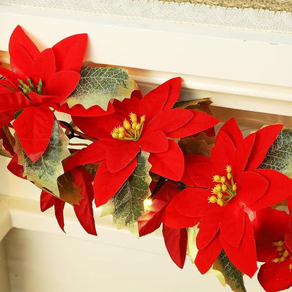 Glintoper Christmas Poinsettia Garland, 9 FT Lighted Artificial Garlands with Red Flowers, Battery Operated with Timer Poinsettia String Lights, Light up for Xmas New Year Holiday Home Decor