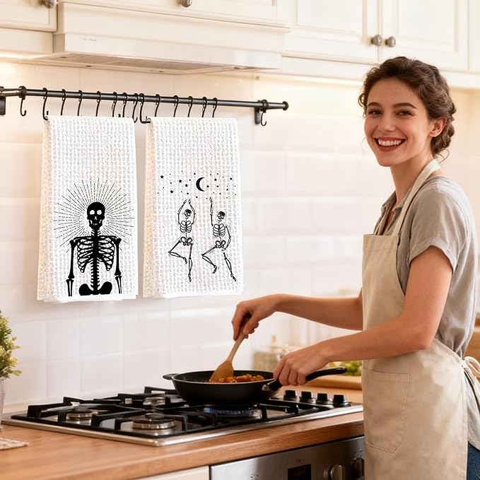 Funny Skull Kitchen Towels, Goth Skeleton Hand Towels for Bathroom, Housewarming Gifts for Women Friends Skull Lovers, Farmhouse Home Tea Towel Halloween Decorations, Set of 2-10