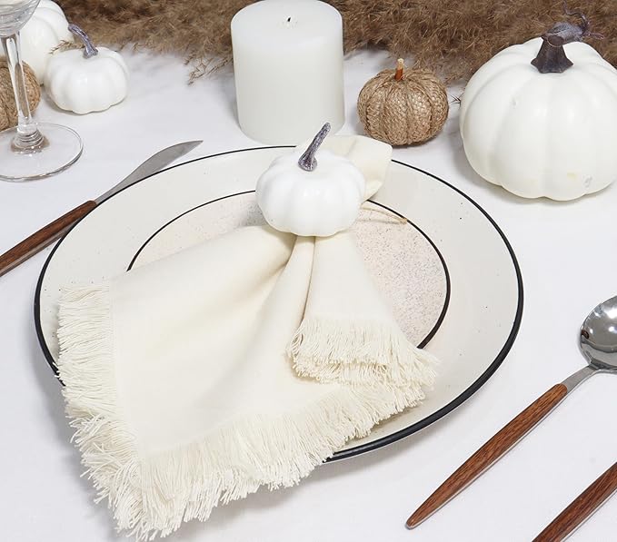 PurpleEssences Cloth Napkins with Fringes, 100% Cotton Christmas Holiday Winter Table Decor, Set of 6 18x18 Inch Reusable Dinner Napkins for Parties and Weddings - Beige