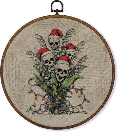 MOTERMATE Gothic Christmas Lily of the Valley Skull Wall Art Decor Round Framed, Spooky Christmas Canvas Wall Art Artwork Prints, Skull Floral Hanging Decor Decorations for Home Bedroom, 10x10 Inch