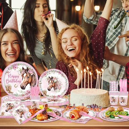 168Pcs Horse Party Supplies Cowgirl Horse Birthday Plates and Napkins Cups Disposable Tableware for Pink Wastern Girls Birthday Baby Shower Cowgirl Party Decorations, Serves 24 Guests