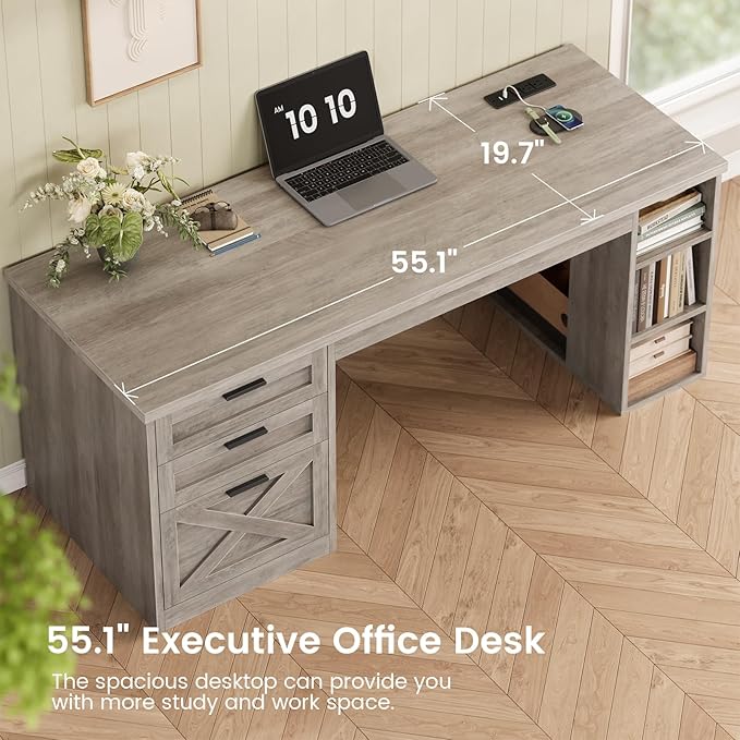 SEDETA 55.1" Executive Computer Desk with 3 Drawers, Farmhouse Office Desk with File Drawer & Storage Shelves, Executive Desk with Power Outlet for Home Office, Grey