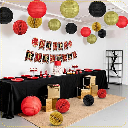 14Pcs Casino Theme Party Decorations, Hanging Red Black Gold Paper Lanterns Fans for Graduation Wedding Birthday Game Night Hibachi New Years Eve Hollywood Theme Party Decorations