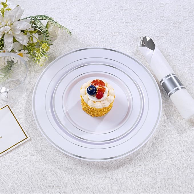 DaYammi 350PCS Silver Plastic Dinnerware Set for 50 Guests, Fancy Disposable Plates for Christmas, Include: 50 Dinner Plates, 50 Dessert Plates, 50 Pre Rolled Napkins with Silver Silverware, 50 Cups