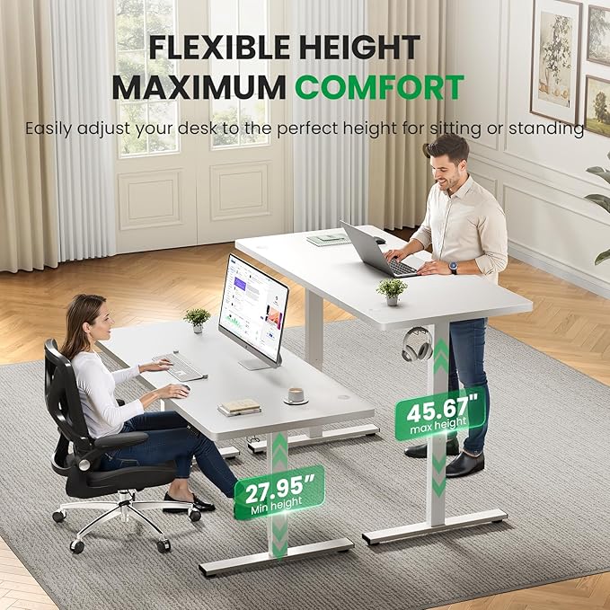 Electric Standing Desk Adjustable - 60x28 Inch Sit Stand Desk with 1 Inch Thick Tabletop, Double Beam Frame, 3 Memory Height Adjustment, Cable Management for Home Office