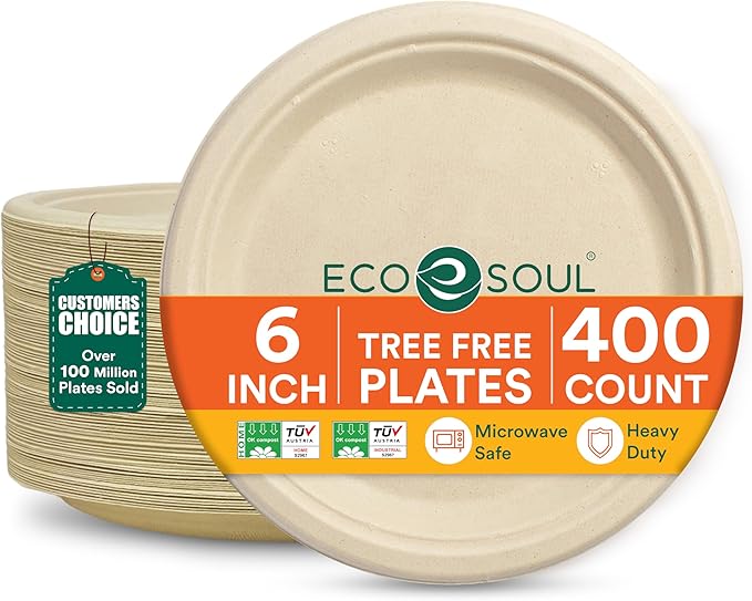 ECO SOUL Compostable Paper Plates 6 Inch (400 Count) Plates for Thanksgiving Dessert, Heavy Duty, Eco-Friendly Sugarcane Bagasse Small Plates For Appetizer- Natural Brown