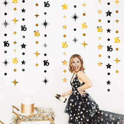 Black Gold 16th Birthday Decorations Number 16 Circle Dot Twinkle Star Garland Streamer Banner Backdrop for Girls Boys Happy 16th Birthday Sweet Sixteen Anniversary Cheers to 16 Years Party Decor