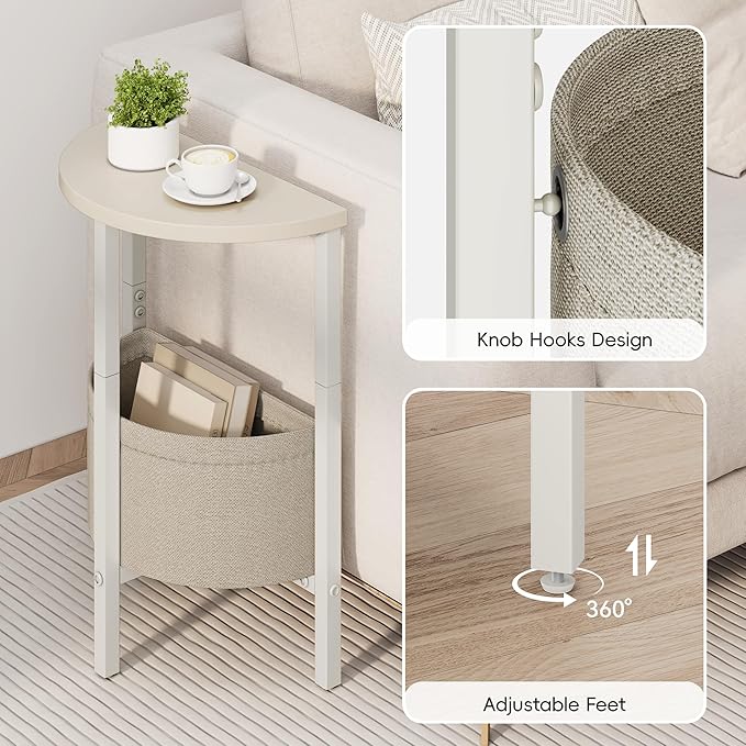 Vagusicc Small Round Side Table End Table, Tall Accent Table with Storage Basket, Set of 2 Half Round Tables Half Moon Tables, Coffee Bedside Tables, Modern Nightstand for Living Room Bedroom, Cream