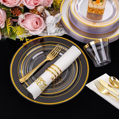 WELLIFE 350Pcs Clear and Gold Plastic Plates for 50 Guests - Disposable Plates for Party, Includes 100 Gold plates,150 Plastic Silverware, 50 Napkins, 50Cups, Disposable Dinnerware Set