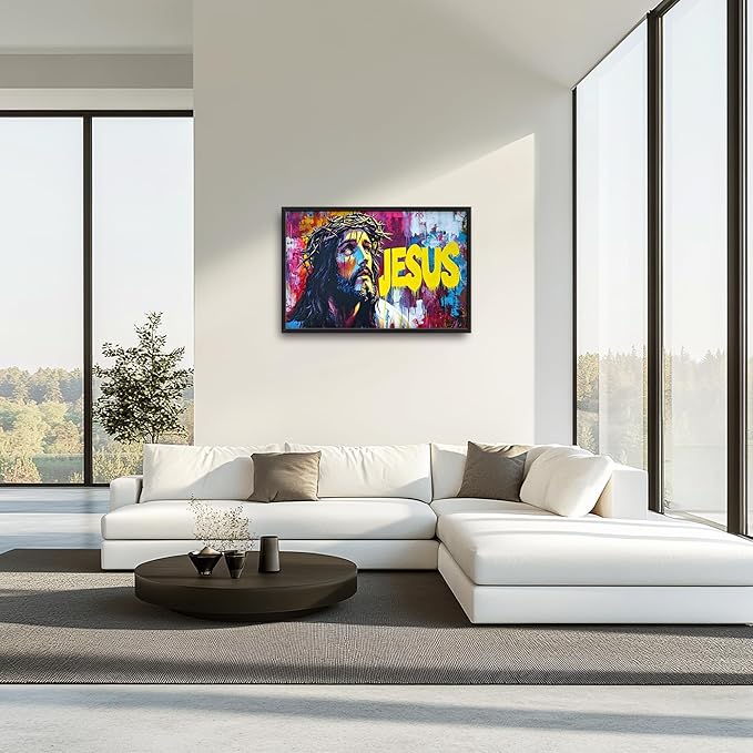 Banksy Jesus Large Wall Art Graffiti Framed Wall Decor for Living Room Pop Street Pictures Oversized Canvas Print Painting Modern Extra Large Framed Artwork for Bedroom Office 36"x24"