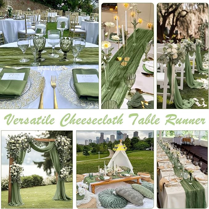 10 Packs Olive Green Cheese Cloth Table Runners, 10FT Boho Gauze Moss Green Cheesecloth Table Runner for Wedding Bridal Baby Shower Fall Thanksgiving Christmas Table Decoration