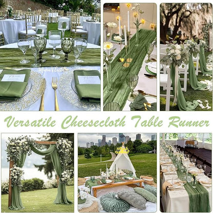 10 Packs Olive Green Cheese Cloth Table Runners, 10FT Boho Gauze Moss Green Cheesecloth Table Runner for Wedding Bridal Baby Shower Fall Thanksgiving Christmas Table Decoration