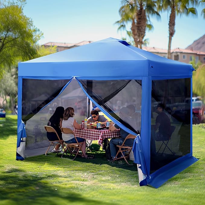 PHI VILLA 10' x 10' Pop Up Canopy Tent with Netting, Instant Gazebo, Ez up Screen Party Tent House Room with Carry Bag, Height Adjustable, for Outdoor, Garden, Blue