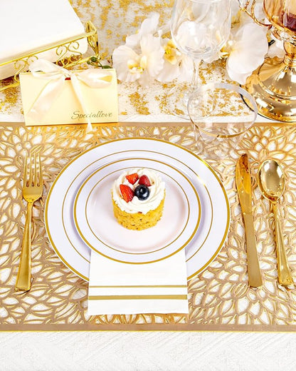 GATHER 350PCS Gold Plastic Plates - White and Gold Disposable Plastic Dinnerware Set Include 50 Dinner Plates, 50 Dessert Plate, 150 Silverware, 50 Napkins, 50 Cups for Party & Wedding & Christmas