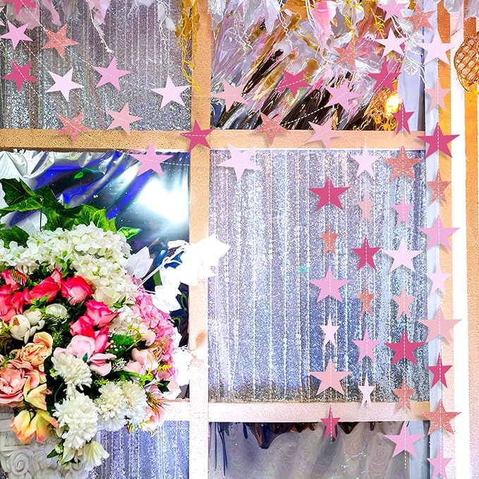 Patelai Glitter Star Garland Banner Christmas Decor 130 Feet Star Hanging Bunting Banner Twinkle Backdrop for Homecoming Classroom Wedding Birthday Halloween Party Supplies(Pink,Purple)