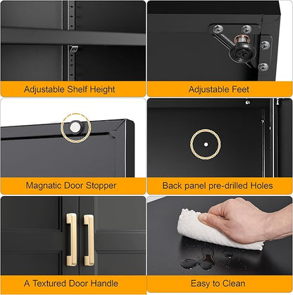 60" Tall Kitchen Storage Cabinet with 2 Doors, Metal Kitchen Pantry Cabinets with 3 Adjustable Shelves, Black Freestanding Food Cabinet, Large Cupboard for Office, Dining, Living Room,Hallway