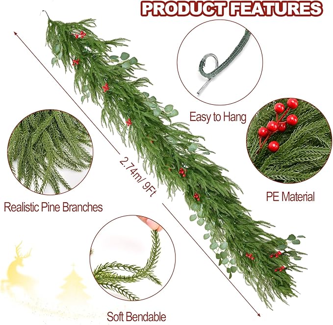 9FT Christmas Garland with Lights, Battery Operated Garland with Red Berries and Eucalyptus Leaves, Real Touch Artificial Prelit Garland for Mantle, Fireplace, Table, Stairs & Christmas Decorations