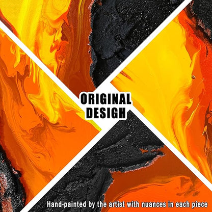 GUGIKA Abstract Wall Art for Living Room, Black and Gold Yellow Volcanic Lava Canvas Wall-Decor for Bedroom, Hand Painted 3D Textured Magma Paintings, Size 47x24 Inches
