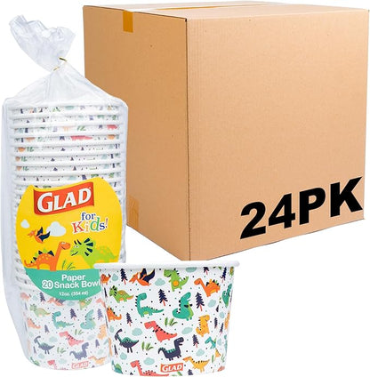 Glad for Kids Dinosaurs Paper Snack Bowls, Lids Not Included - Colorful Heavy Duty, Microwavable, Disposable Snack Cups with Lid for Soup or Ice Cream, 12 Ounce, 20 Count - 24 Pack