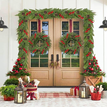 9.8FT Christmas Cedar Garland with 3 Pinecone Berry, Realistic Soft Faux Cedar Garlands,Thickness Pine Garland for Home Fireplace Mantle Table Stair Handrail, Indoor Outdoor Christmas Decorations