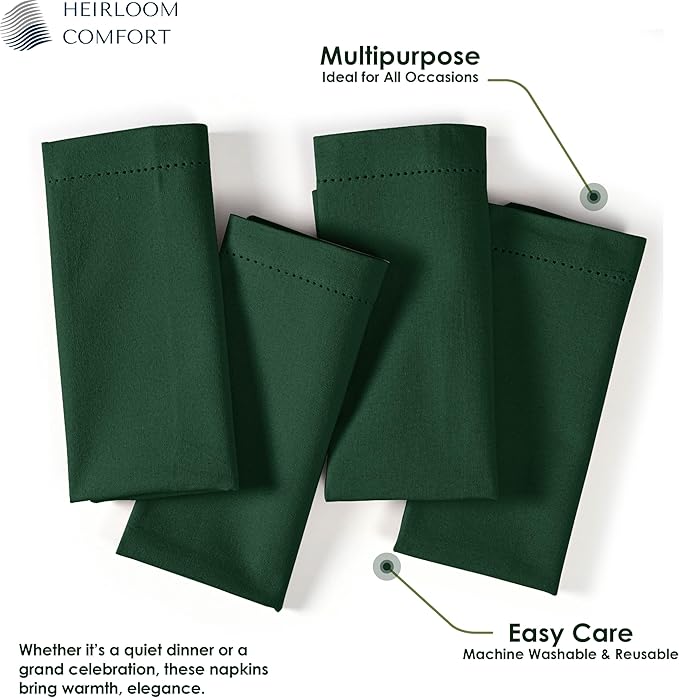 Forest Green Cloth Napkins 18x18 Inches, 6 Pack - Reusable, Absorbent, Durable, Soft, Washable - Hemstitch Mitered Edges - Perfect for Dinner, Fall, Weddings, Holiday, Everyday Use