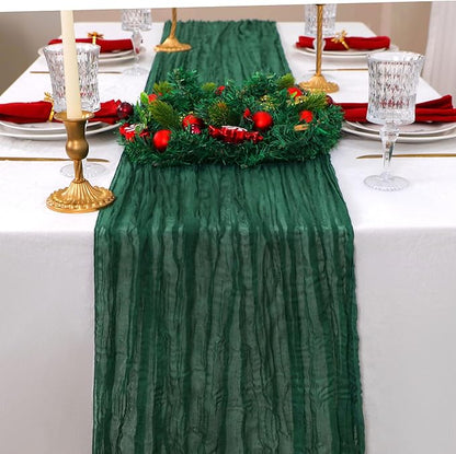 Snowkingdom 6 PCS Emerald Green Table Runner 120 Inch 10 Ft Rustic Boho Dark Green Cheese Cloth Runner for Wedding Bridal Baby Shower Birthday Party Christmas Sheer Gauze Home Table Centerpiece Deocr