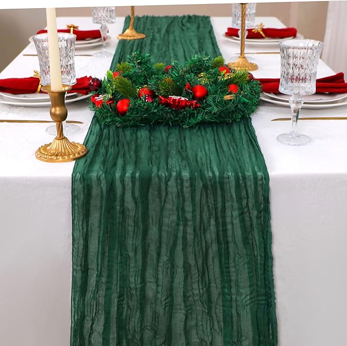 Snowkingdom Emerald Green Table Runner 120 Inch 10 Ft Rustic Boho Dark Green Cheese Cloth Runner for Wedding Bridal Baby Shower Birthday Party Christmas Sheer Gauze Home Table Centerpiece Deocrations