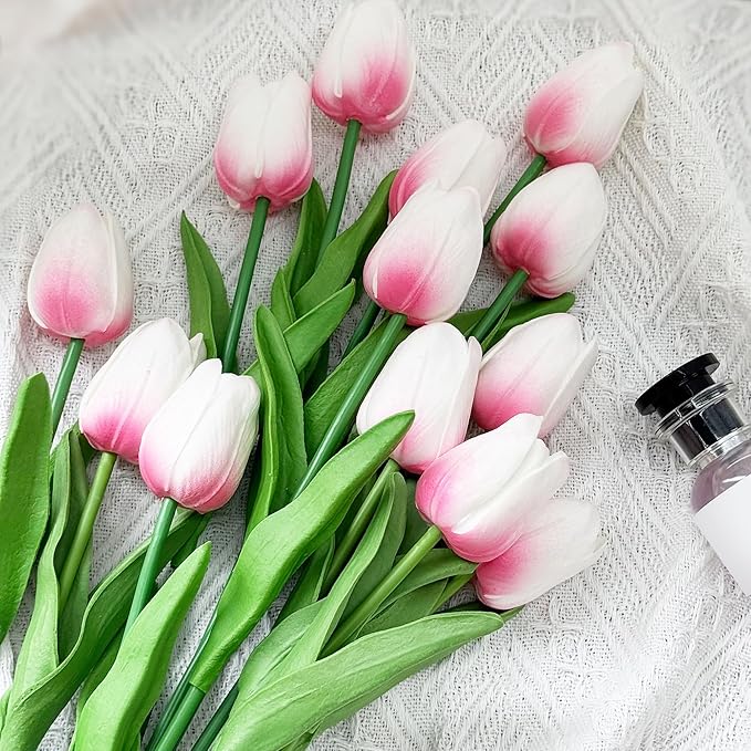 20 Pcs Real Touch Artificial Tulips - Soft White-Pink Fake Flowers, 14" Spring Mother’s Day Easter Home Kitchen Wedding Party Decor (Bulk, Lifelike Latex Texture)