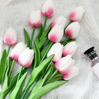 20 Pcs Real Touch Artificial Tulips - Soft White-Pink Fake Flowers, 14" Spring Mother’s Day Easter Home Kitchen Wedding Party Decor (Bulk, Lifelike Latex Texture)