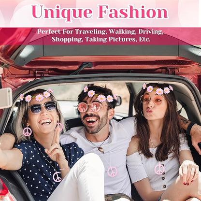 6 Pcs Hippie Costume Accessories Set 60s 70s Dressing Accessory Flower Crown Headband Peace Sign Necklace Earrings Bracelet Colored Hippie Sunglasses Costume Supplies for Christmas Carnival Party