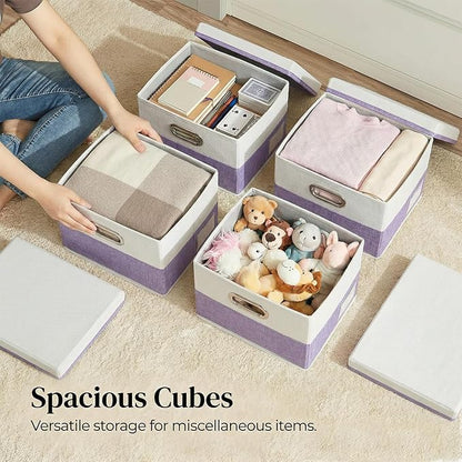 PRANDOM Storage Bins with Lids [3-Pack] Linen Fabric Foldable Storage Boxes Organizer Containers Baskets Cube with Cover for Bedroom Closet Office Purple&White（11.4X8.6X6.7