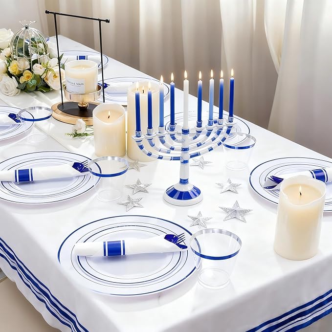 WELLIFE 350 Pcs Blue Plastic Plates for 50 Guests - Plastic Dinnerware Set,Party Supplies Includes 100 Blue Disposable plates,150 Silverware,50 Napkins,50 Cups,Hanukkah Plates