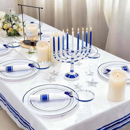 WELLIFE 350 Pcs Blue Plastic Plates for 50 Guests - Plastic Dinnerware Set,Party Supplies Includes 100 Blue Disposable plates,150 Silverware,50 Napkins,50 Cups,Hanukkah Plates