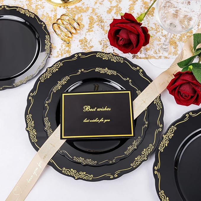 U-QE 100PCS Black Gold Plastic Plates - Heavy Duty Disposable Plates Including 50PCS 10'' Dinner & 50PCS 7.5'' Dessert Plates - Hard Plastic Plate for Party & Wedding