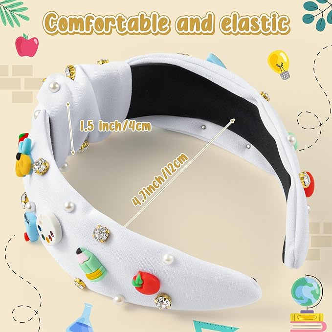 PANTIDE Teacher Jeweled Knotted Headband - Christmas Gift Apple Pencil Rhinestone Pearl Embellished Headband Wide Top Knot Hair Accessories Teacher Appreciation Birthday for Women Girls (White)