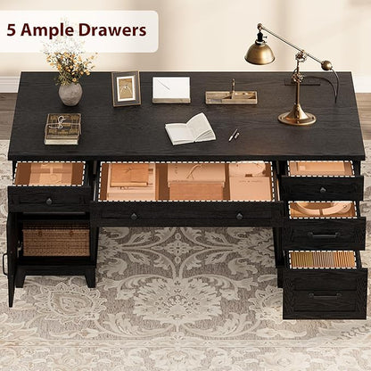 GarveeHome Farmhouse Executive Desk with File Drawers, 60 in Home Office Desk with Charging Station, Wooden Computer Desk with Cabinet Storage for Work Study Writing, Rustic Black