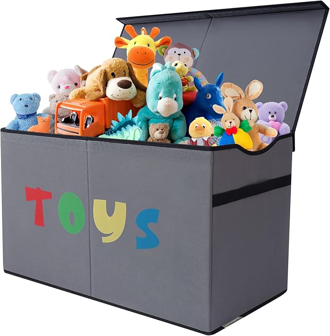 Toy Box Chest, Collapsible Sturdy Storage Bins with Lids, Extra Large Kids Toy Storage Organizer Boxes Bins Baskets for Kids, Boys, Girls, Nursery Room, Playroom, Closet (A-TBX-GRAY-MULTI)