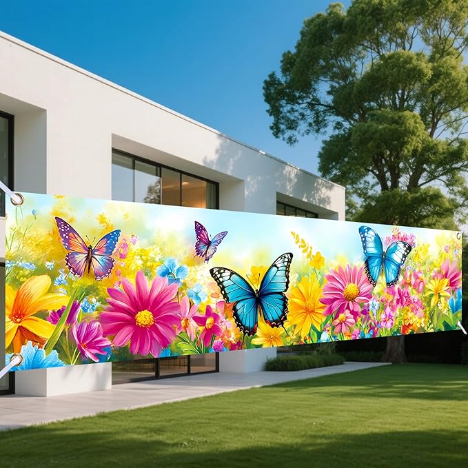 Nuxovilar Happy Birthday Banner Decorations 17.72x78.74 Inch Butterfly Flower Theme - Polyester for Indoor Outdoor Birthday Party Decor