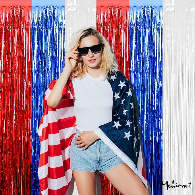 4 Pack 3.2Ft x 8.2Ft Independence Day Fringe Curtain Backdrop, Red Blue White Metallic Tinsel Foil Fringe Streamers Curtains Background for Photo Booth Birthday Wedding Carnival Party Decoration