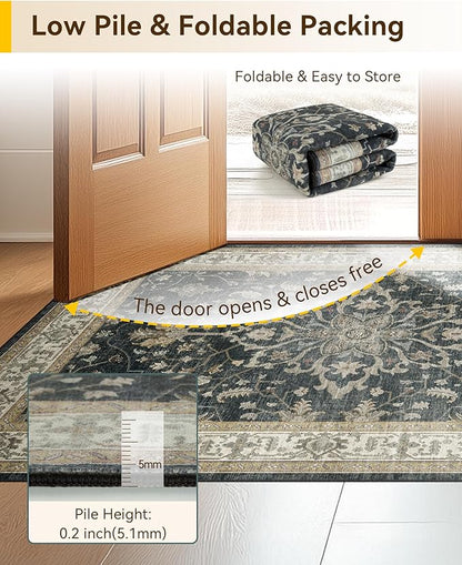 Area Rugs 2'x6' Runner Rug Non Slip Washable for Kitchen Hallway Bedroom Beside Laundry Room Bathroom Rug, Floor Carpet, Vintage Black Brown Neutral