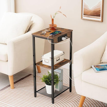 HOOBRO Tall End Tables with Charging Station, Set of 2, 30 Inch Tall Nightstands, 3-Tier Side Tables with Adjustable Storage Shelves, for Living Room, Bedroom, Hallway, Rustic Brown BF09UDHP201G1