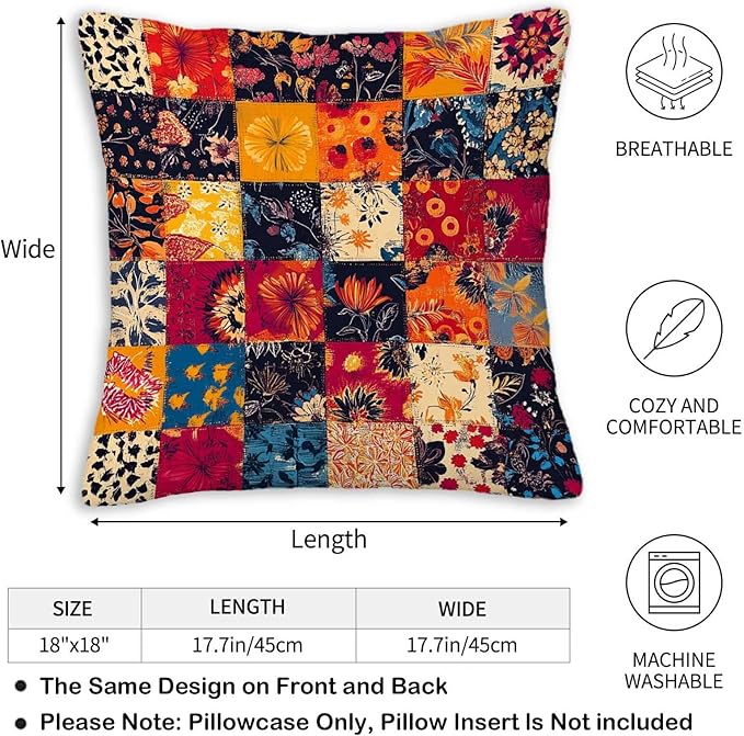Printed Patchwork Inspired Throw Pillow Covers 18x18 Set of 2 | Floral Quilt Look Cushion Cases | Home Decorative Pillowcases for Couch, Sofa, Bed and Living Room