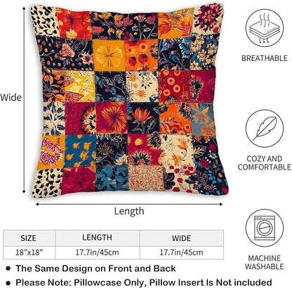 Printed Patchwork Inspired Throw Pillow Covers 18x18 Set of 2 | Floral Quilt Look Cushion Cases | Home Decorative Pillowcases for Couch, Sofa, Bed and Living Room