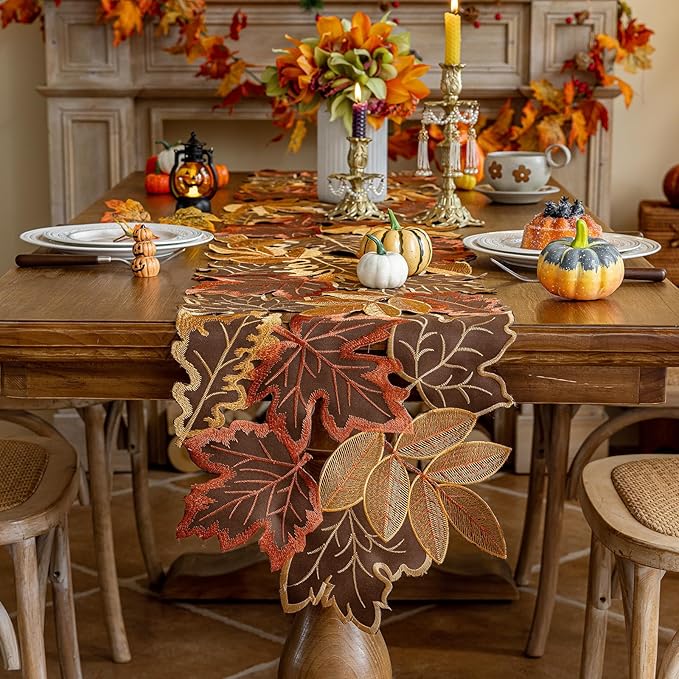 Joyfol Day Fall Thanksgiving Table Runner 14 x 33 Inches, Cutwork Embroidered Brown Maple Leaves Table Runners, Autumn Rust Dresser Scarf for Harvest Party Dinner Seasonal Decoration