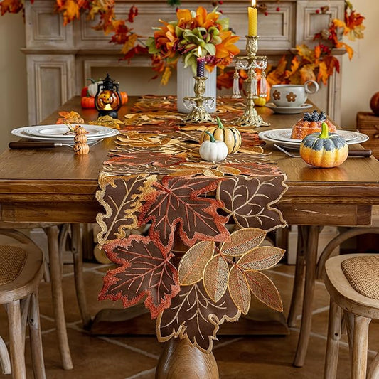 Joyfol Day Fall Thanksgiving Table Runner 14 x 33 Inches, Cutwork Embroidered Brown Maple Leaves Table Runners, Autumn Rust Dresser Scarf for Harvest Party Dinner Seasonal Decoration