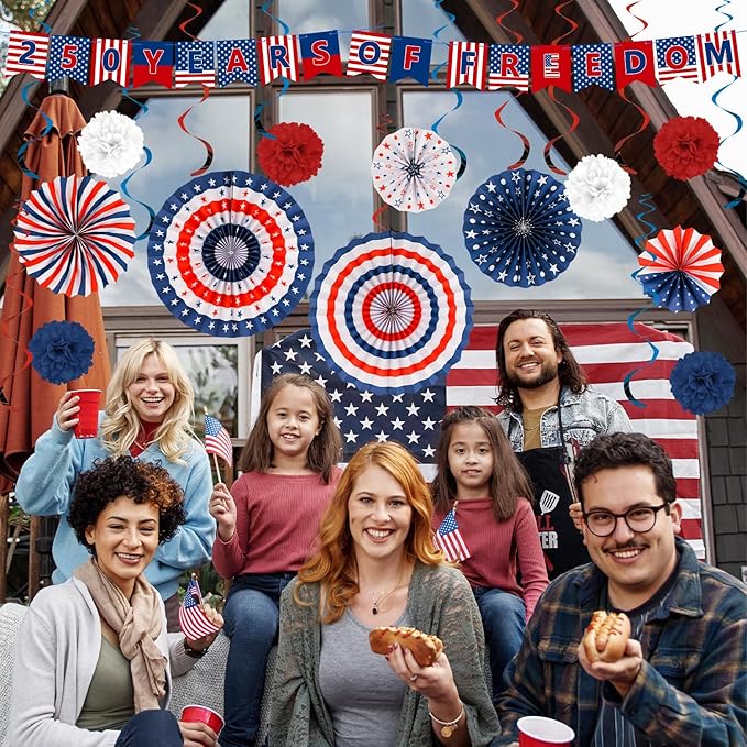 25 PCS US 250th Anniversary Decorations Set, 4th of July Decoration, Red White Blue Paper Fans in Patriotic Designs, 250 Years Garland Set for Independence Memorial Day Party Supplies Decor