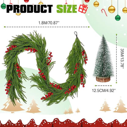 6FT Pre-Lit Christmas Garland with Mini Christmas Tree, Artificial Christmas Green Rattan Pine Cypress Garland, Seasonal Garland for Mantle Stairs Table Fireplace Xmas Decoration