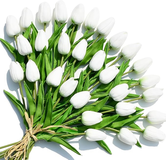 ONLY ART Artificial White Tulips 28 Pcs – 13.5 Inch PU Faux Flowers with Bendable Stems for Home Décor, Wedding Centerpieces, DIY Floral Arrangements, Table Decorations