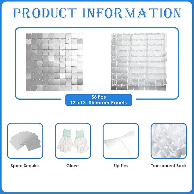 Shimmer Wall Backdrop Silver Square Sequin Wall Panel Backdrop Decor for Wedding, Anniversary, Birthday, Party, 36 Panels