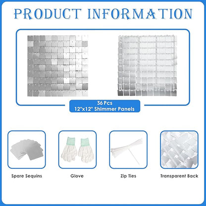 Shimmer Wall Backdrop Silver Square Sequin Wall Panel Backdrop Decor for Wedding, Anniversary, Birthday, Party, 36 Panels